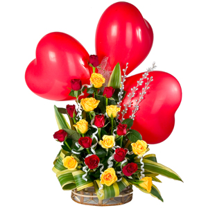 Romantic 3 Red Heart Balloons and Appealing Charm of 20 Mixed Roses Romantic 3 Red Heart Balloons and Appealing Charm of 20 Mixed Roses
