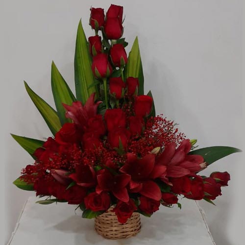 Striking Arrangement of Red Roses N Lilies Striking Arrangement of Red Roses N Lilies