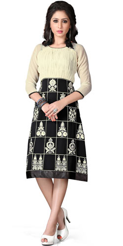 Charming Georgette Embroidered Kurti in Beige and Black Colour Charming Georgette Embroidered Kurti in Beige and Black Colour