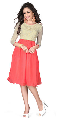Dazzling Georgette Embroidered Kurti in Beige and Pink Colour Dazzling Georgette Embroidered Kurti in Beige and Pink Colour