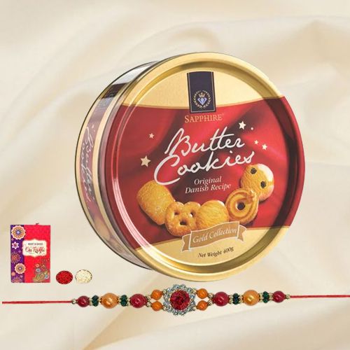 Yummy Danish Butter Cookies with 2 Rakhi and Roli Tika Chawal