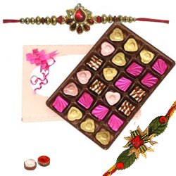 Sumptuous n Delightful pack of 24 pcs Assorted Home made Chocolates with Rakhi and Roli Tilak Chawal