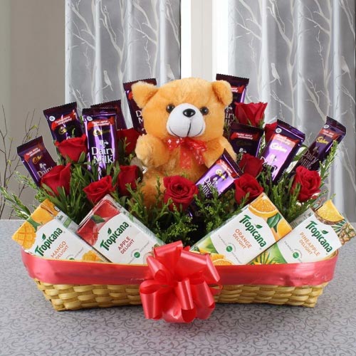 Wonderful Basket of Chocolates with Fruit Juice N Teddy Wonderful Basket of Chocolates with Fruit Juice N Teddy