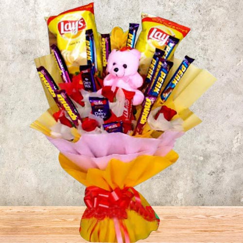 Remarkable Bouquet of Chocolates, Chips N Teddy Remarkable Bouquet of Chocolates, Chips N Teddy