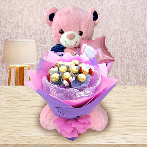 Remarkable Ferrero Rocher Bouquet, Teddy N Mylar Balloon Remarkable Ferrero Rocher Bouquet, Teddy N Mylar Balloon