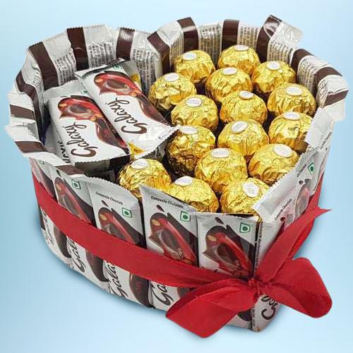 Impressive Heart Shape Arrangement of Ferrero Rocher and Galaxy Chocolates