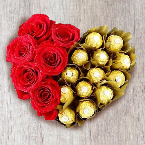 Marvelous Heart Shaped Arrangement of Ferrero Rocher with Roses