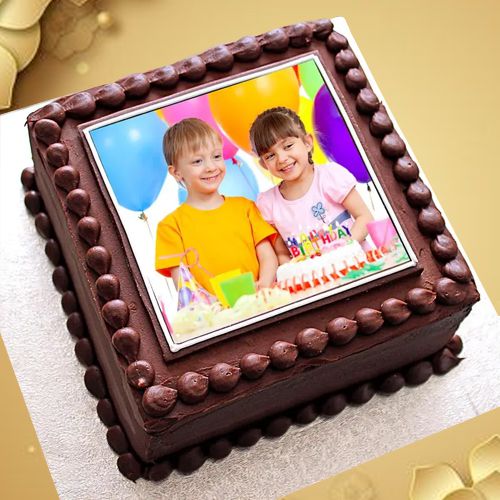 Tempting Chocolate Photo Cake in Square Shape