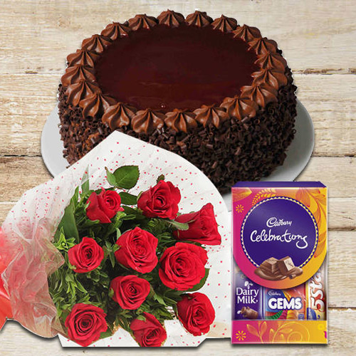 Chocolate Cake with Celebrations Pack N Red Roses