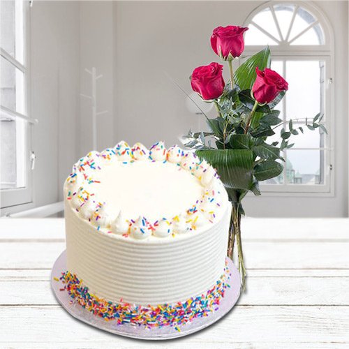 Cheering Aroma 2.2 Lbs Vanilla Cake with 3 Red Rose Bunch Cheering Aroma 2.2 Lbs Vanilla Cake with 3 Red Rose Bunch
