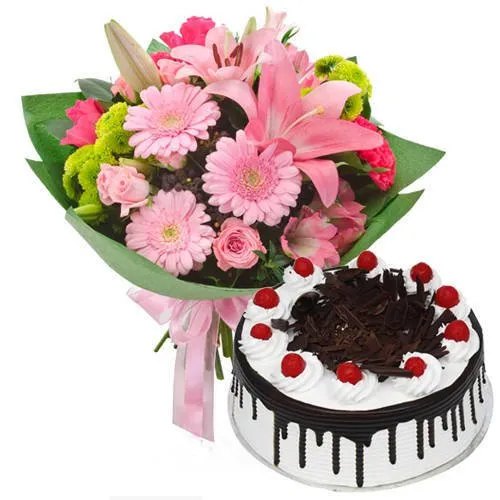 Black Forest Cake with Mixed Flowers Bouquet Black Forest Cake with Mixed Flowers Bouquet