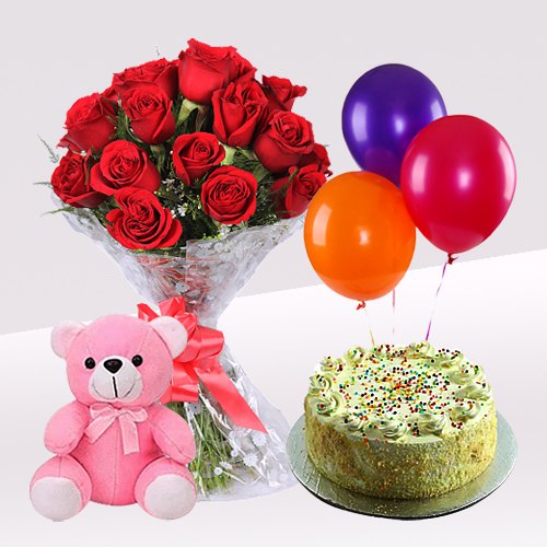 Vanilla Cake with Rose Bouquet Teddy Balloons Vanilla Cake with Rose Bouquet Teddy Balloons