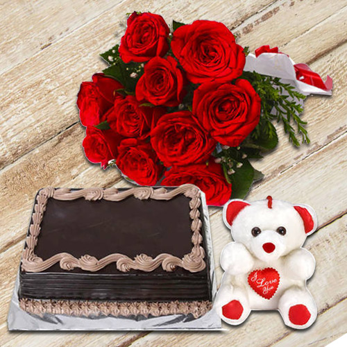 Chocolate Cake with Red Rose Bouquet N Teddy Chocolate Cake with Red Rose Bouquet N Teddy