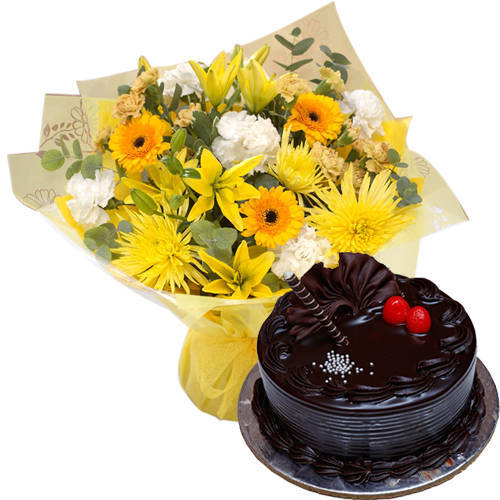 Delightful Combo of Mixed Flowers Bunch with Chocolate Truffle Cake Delightful Combo of Mixed Flowers Bunch with Chocolate Truffle Cake