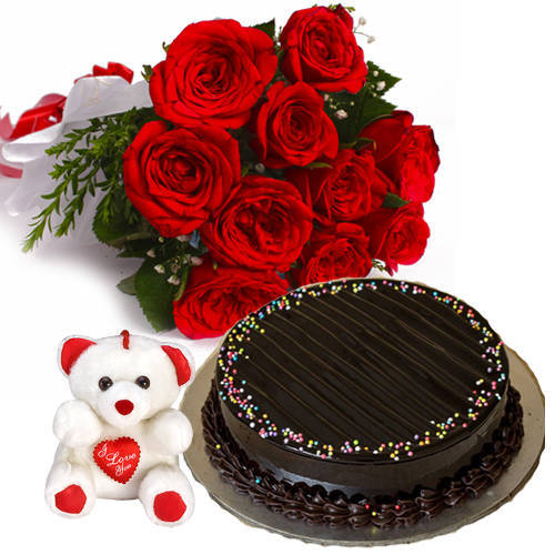 Chocolate Truffle Cake with Roses Bouquet Teddy Chocolate Truffle Cake with Roses Bouquet Teddy