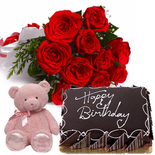Eggless Chocolate Cake with Red Roses Teddy Eggless Chocolate Cake with Red Roses Teddy