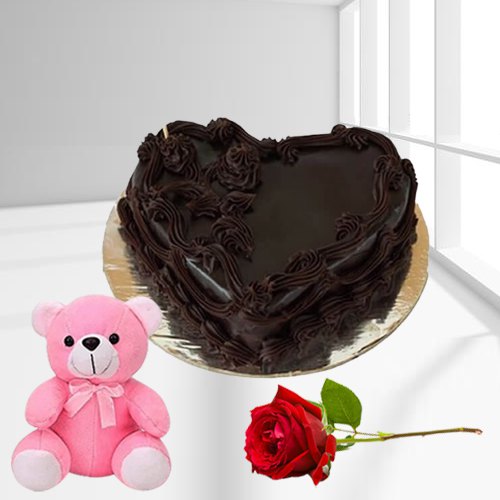 Combo of Heart Shaped Chocolate Cake with Teddy N Rose Combo of Heart Shaped Chocolate Cake with Teddy N Rose