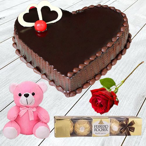 Chocolate Cake with Single Rose Teddy N Ferrero Rocher Chocolate Cake with Single Rose Teddy N Ferrero Rocher