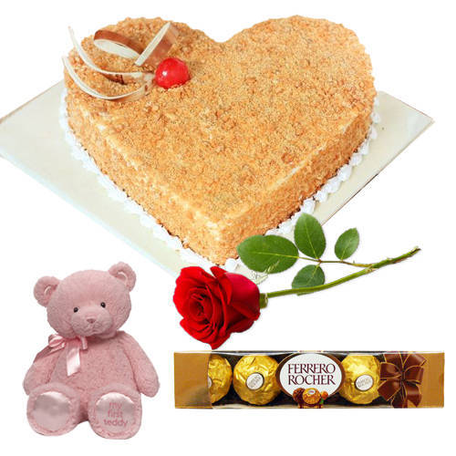 Butter Scotch Cake with Red Rose Teddy N Ferrero Rocher Butter Scotch Cake with Red Rose Teddy N Ferrero Rocher