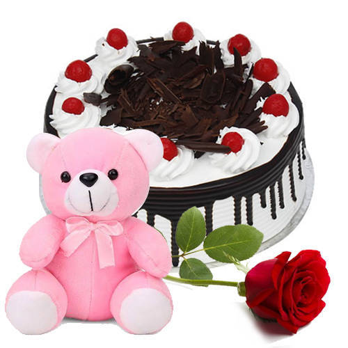 Delicious Eggless Black Forest Cake with Teddy N Rose Delicious Eggless Black Forest Cake with Teddy N Rose
