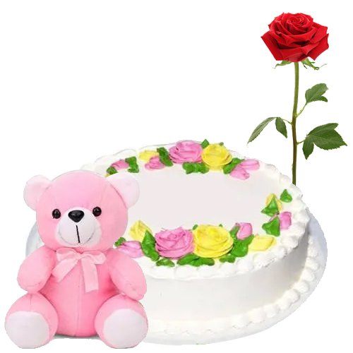 Tasty Eggless Vanilla Cake with Rose N Teddy Tasty Eggless Vanilla Cake with Rose N Teddy