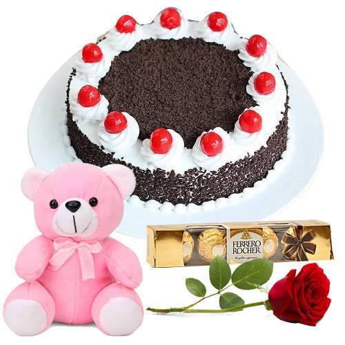 Delicious Ferrero Rocher with Teddy Rose N Eggless Black Forest Cake Delicious Ferrero Rocher with Teddy Rose N Eggless Black Forest Cake