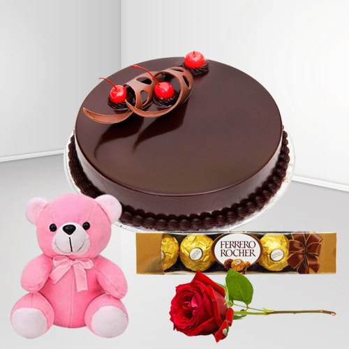 Yummy Eggless Chocolate Cake with Rose Teddy N Ferrero Rocher Yummy Eggless Chocolate Cake with Rose Teddy N Ferrero Rocher