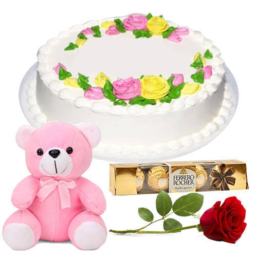 Yummy Vanilla Cake with Teddy Rose N Ferrero Rocher Yummy Vanilla Cake with Teddy Rose N Ferrero Rocher