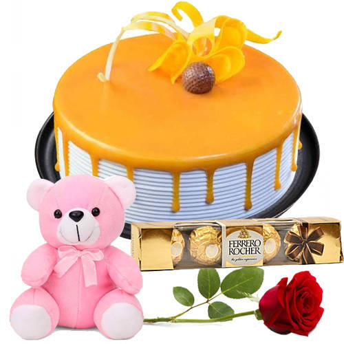 Delectable Eggless Butterscotch Cake with Rose Teddy N Ferrero Rocher Delectable Eggless Butterscotch Cake with Rose Teddy N Ferrero Rocher