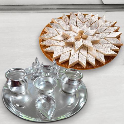 Silver plated Puja Thali with Silver Plated Lakshmi Ganesha with Haldirams Kaju Katli