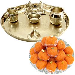 Ghee Ladoo with Silver Plated Puja Thali N Lakshmi Ganesha Combo Ghee Ladoo with Silver Plated Puja Thali N Lakshmi Ganesha Combo