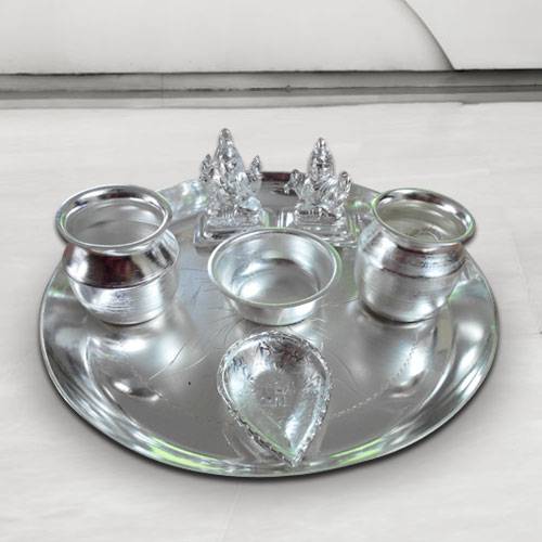 Wonderful Silver Plated Puja Thali with Silver Plated Lakshmi Ganesha Wonderful Silver Plated Puja Thali with Silver Plated Lakshmi Ganesha