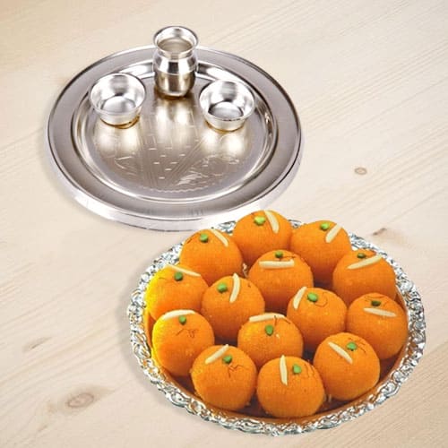 Combo of Motichur Laddu N Silver Plated Thali Combo of Motichur Laddu N Silver Plated Thali