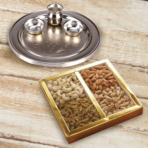 Enticing Assorted Dry Fruits Pack with Silver Plated Puja Thali Enticing Assorted Dry Fruits Pack with Silver Plated Puja Thali