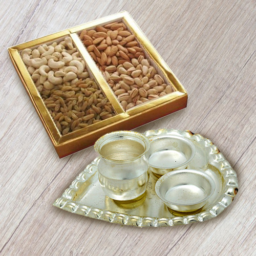 Dry Fruits Silver Plated Paan Shaped Puja Thali Dry Fruits Silver Plated Paan Shaped Puja Thali