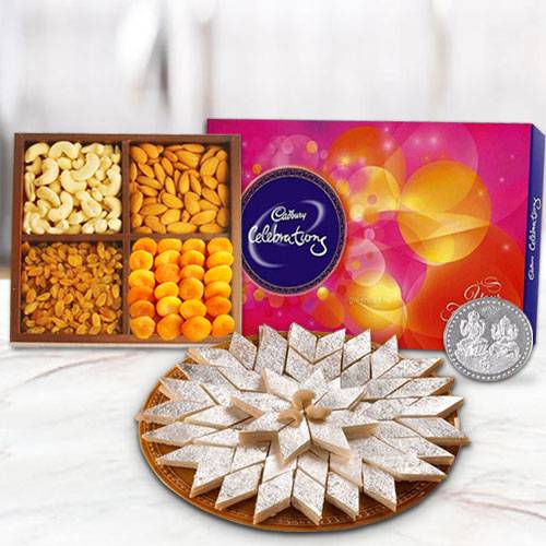 Haldiram Kaju Katli with Dry Fruits and Chocolate Combo with free silver plated coin for Diwali