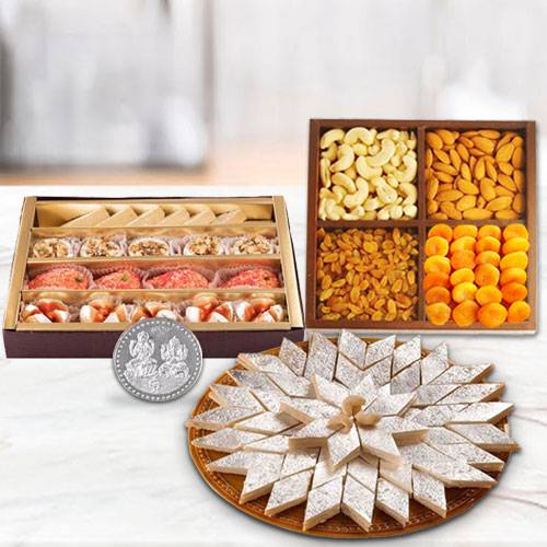 Dry Fruits with Assorted Sweets with free silver plated coin for Diwali Dry Fruits with Assorted Sweets with free silver plated coin for Diwali
