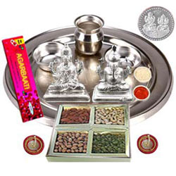 Exclusive Silver Plated Laxmi Puja Hamper with Dry Fruits Exclusive Silver Plated Laxmi Puja Hamper with Dry Fruits