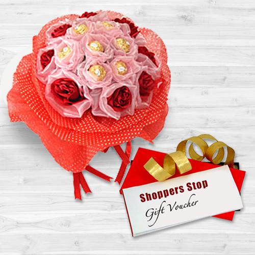 Mind Blowing Combo of Shoppers Stop Gift Voucher worth Rs.1000, Red Roses N 8 Pc. Ferrero Rocher Bouquet Mind Blowing Combo of Shoppers Stop Gift Voucher worth Rs.1000, Red Roses N 8 Pc. Ferrero Rocher Bouquet