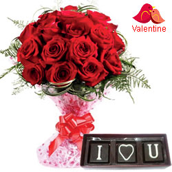 Luxurious V day Celebration Gift of Red Roses with I Love You Handmade Chocolate Luxurious V day Celebration Gift of Red Roses with I Love You Handmade Chocolate