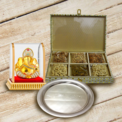 Divine Lord Ganesha with Silver Plated Thali N Dry Fruits