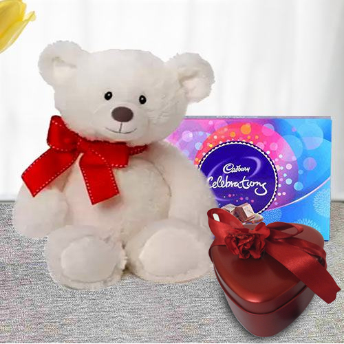 Big White Teddy with Cadbruy Chocolates With Heart Shape Red Tin Box of Handmade Chocolates Big White Teddy with Cadbruy Chocolates With Heart Shape Red Tin Box of Handmade Chocolates