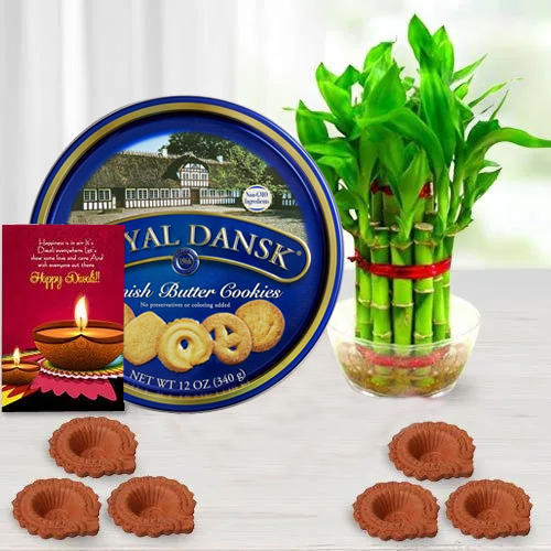 Eco Friendly Diwali Gift of Plant Royal Dansk Cookies Free Diya n Card