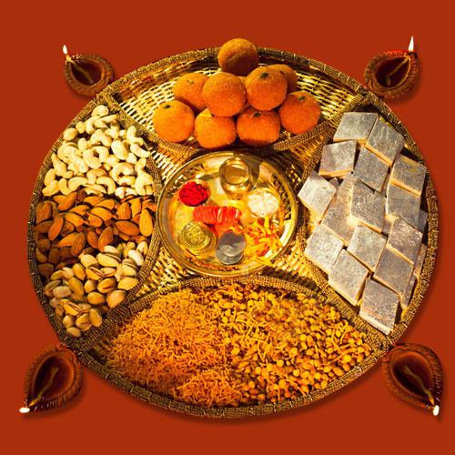 Heavenly Diwali Sweets and Dry Fruits Pooja Thali n Puja Samagri Combo