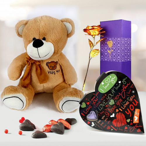 Resplendent Valentine Gift of Hug Me Teddy with Heart Chocolate n Golden Rose Resplendent Valentine Gift of Hug Me Teddy with Heart Chocolate n Golden Rose