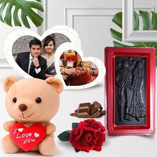 Eye-Catching Gift of Twin Heart Personalized Photo Frame with Teddy n Chocolate for Loving Wife
