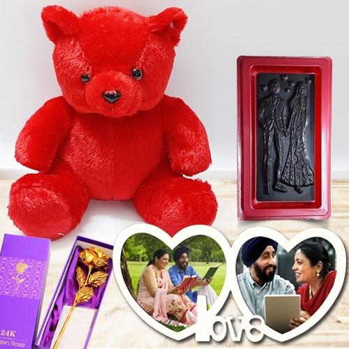 Glamorous V-day Gift of Twin Heart Personalized Photo Frame with Chocolates, Teddy n Roses Glamorous V-day Gift of Twin Heart Personalized Photo Frame with Chocolates, Teddy n Roses