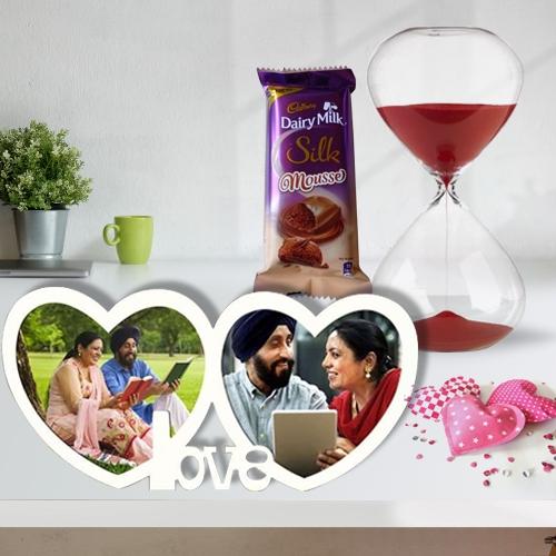 Charming V-Day Combo of Twin Heart Personalized Photo Frame with Chocolate n Love Timer Charming V-Day Combo of Twin Heart Personalized Photo Frame with Chocolate n Love Timer
