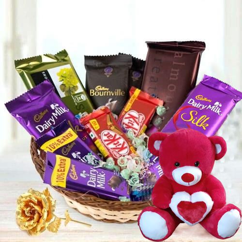 Charming Chocolate Assortments Gift Basket with Teddy N Golden Rose Charming Chocolate Assortments Gift Basket with Teddy N Golden Rose
