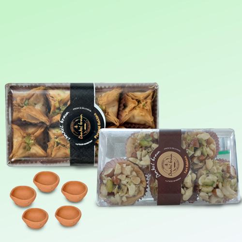 Ideal Diwali Gift of Pyramid n Tart Baklawa Matka Diya